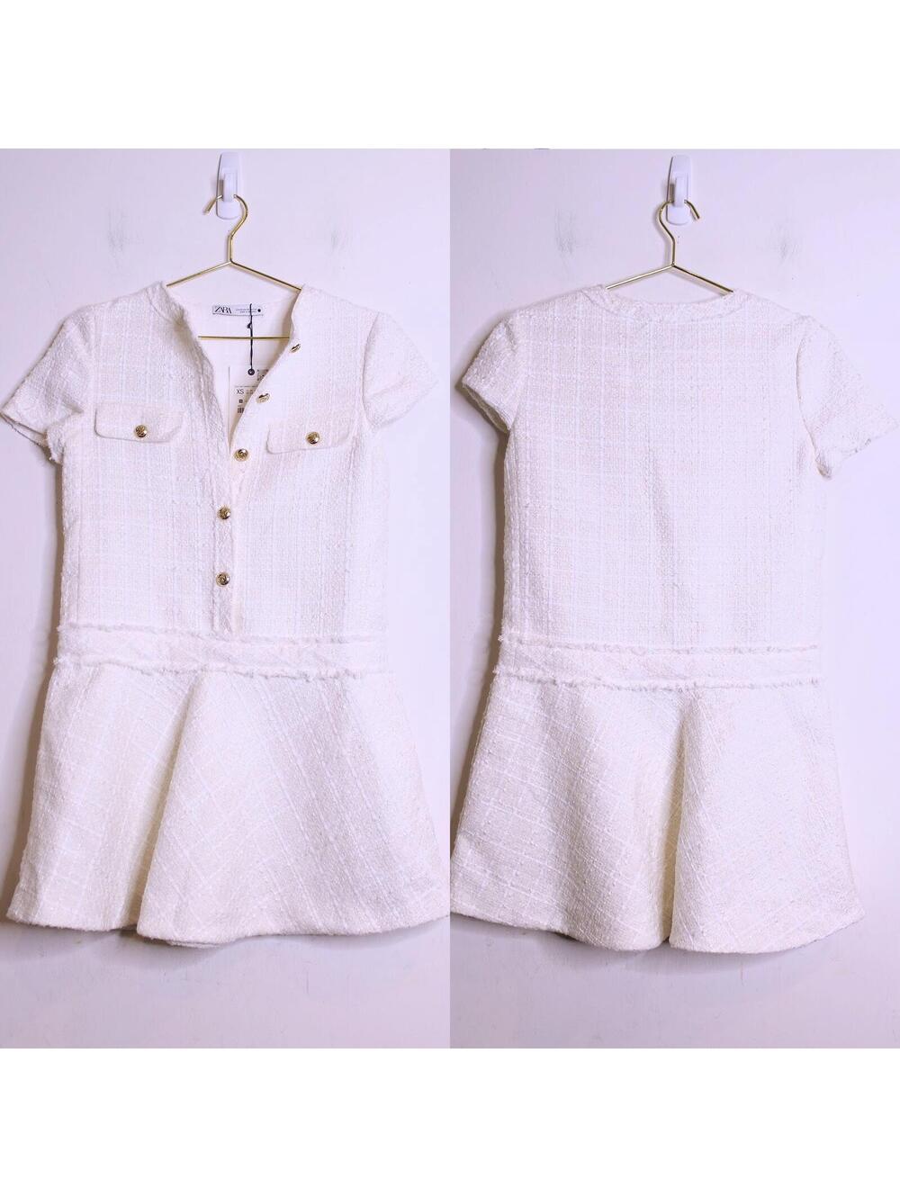 Zara White Textured Short Sleeve Tweed Dress with Gold Buttons